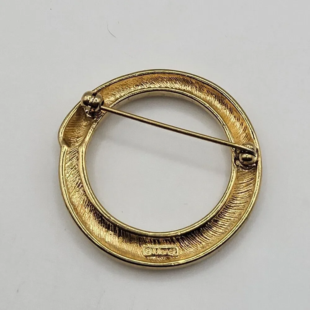Vintage Minimalist Brooch Signed Monet Gold Tone PIN 1.25” Round Pendant MCM
